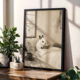 Dwarf Hotot Rabbit Reading in Bed Poster | Japanese Zen Sumi-e Bunny Wall Art | Warm Ivory Fog Gray Decor | Minimalist Bedroom Print