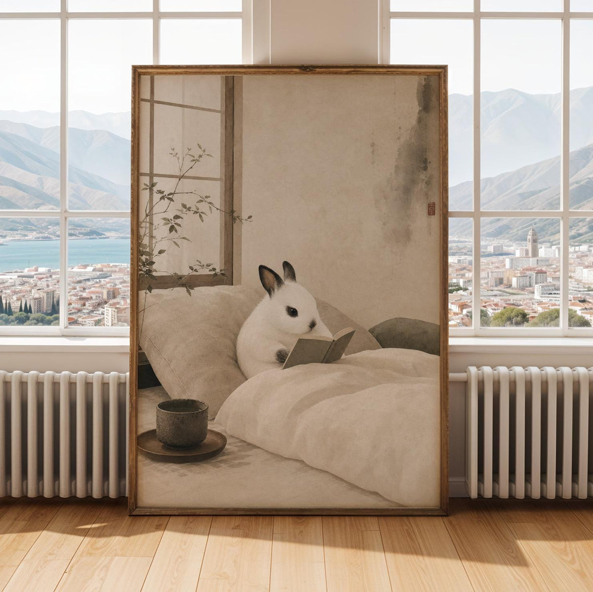 Dwarf Hotot Rabbit Reading in Bed Poster | Japanese Zen Sumi-e Bunny Wall Art | Warm Ivory Fog Gray Decor | Minimalist Bedroom Print