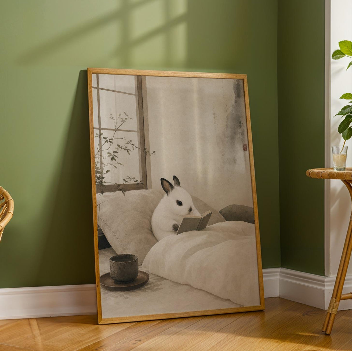 Dwarf Hotot Rabbit Reading in Bed Poster | Japanese Zen Sumi-e Bunny Wall Art | Warm Ivory Fog Gray Decor | Minimalist Bedroom Print