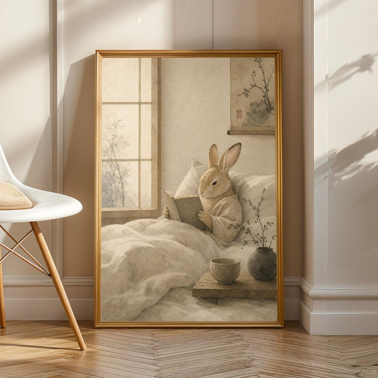 Tan Rabbit Reading in Bed Poster | Japanese Zen Sumi-e Bunny Wall Art | Warm Ivory Neutral Decor | Minimalist Ink Wash Bedroom Print