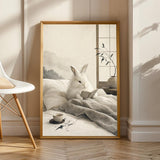 Angora Rabbit Reading in Bed Poster | Japanese Zen Ink Wash Bunny Wall Art | Warm Ivory Fog Gray Decor | Minimalist Bedroom Print