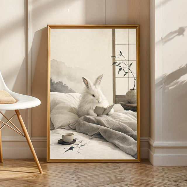Angora Rabbit Reading in Bed Poster | Japanese Zen Ink Wash Bunny Wall Art | Warm Ivory Fog Gray Decor | Minimalist Bedroom Print