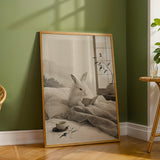 Angora Rabbit Reading in Bed Poster | Japanese Zen Ink Wash Bunny Wall Art | Warm Ivory Fog Gray Decor | Minimalist Bedroom Print