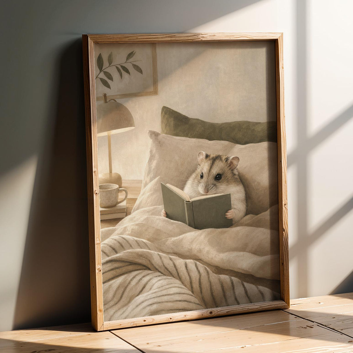 Russian Dwarf Hamster Reading in Bed Poster | Modern Gouache Hamster Wall Art | Warm Beige Oat Milk Decor | Cozy Minimalist Bedroom Print