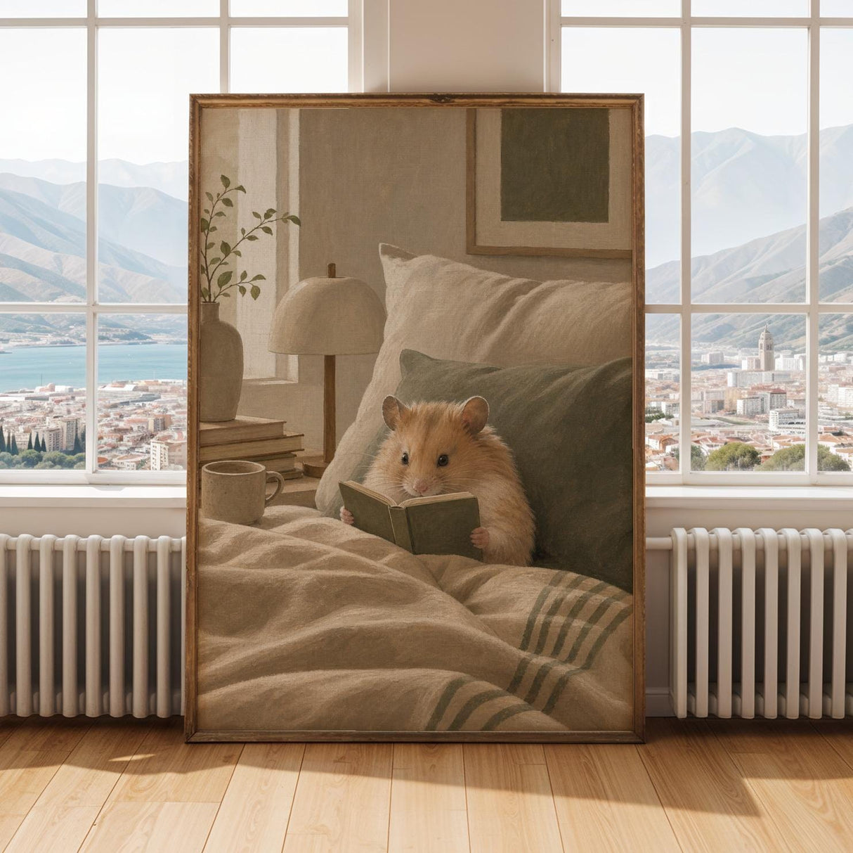 Chinese Hamster Reading in Bed Poster | Nordic Gouache Hamster Wall Art | Warm Beige Oat Milk Decor | Cozy Nursery Bedroom Print