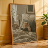 Chinese Hamster Reading in Bed Poster | Nordic Gouache Hamster Wall Art | Warm Beige Oat Milk Decor | Cozy Nursery Bedroom Print