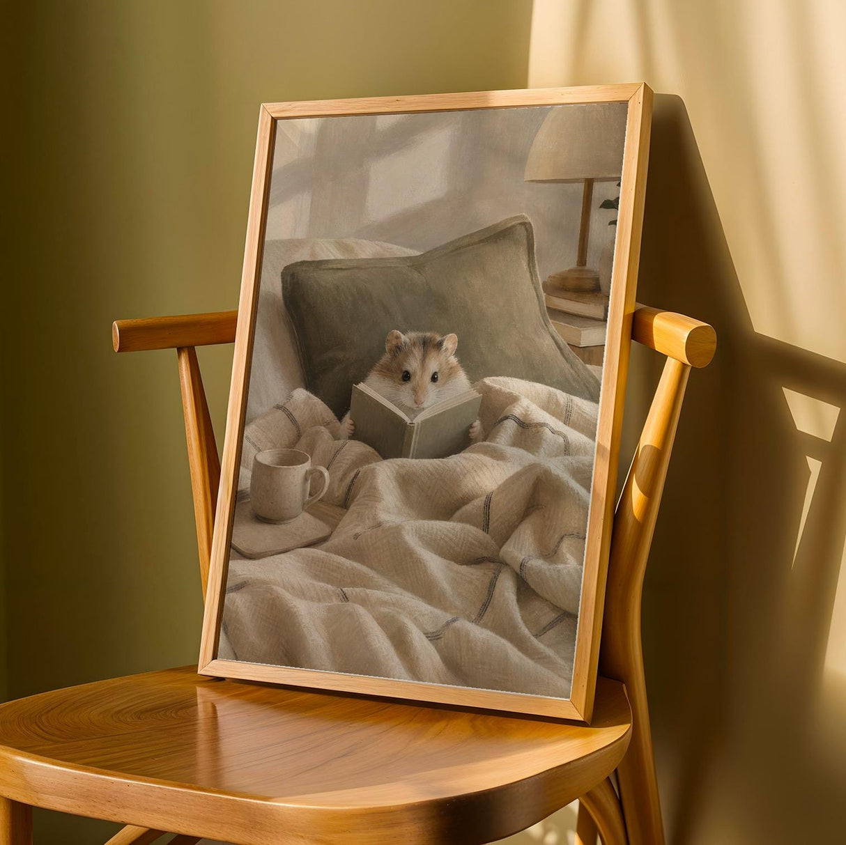 Roborovski Hamster Reading in Bed Poster | Modern Gouache Hamster Wall Art | Warm Beige Oat Milk Decor | Cozy Minimalist Bedroom Print