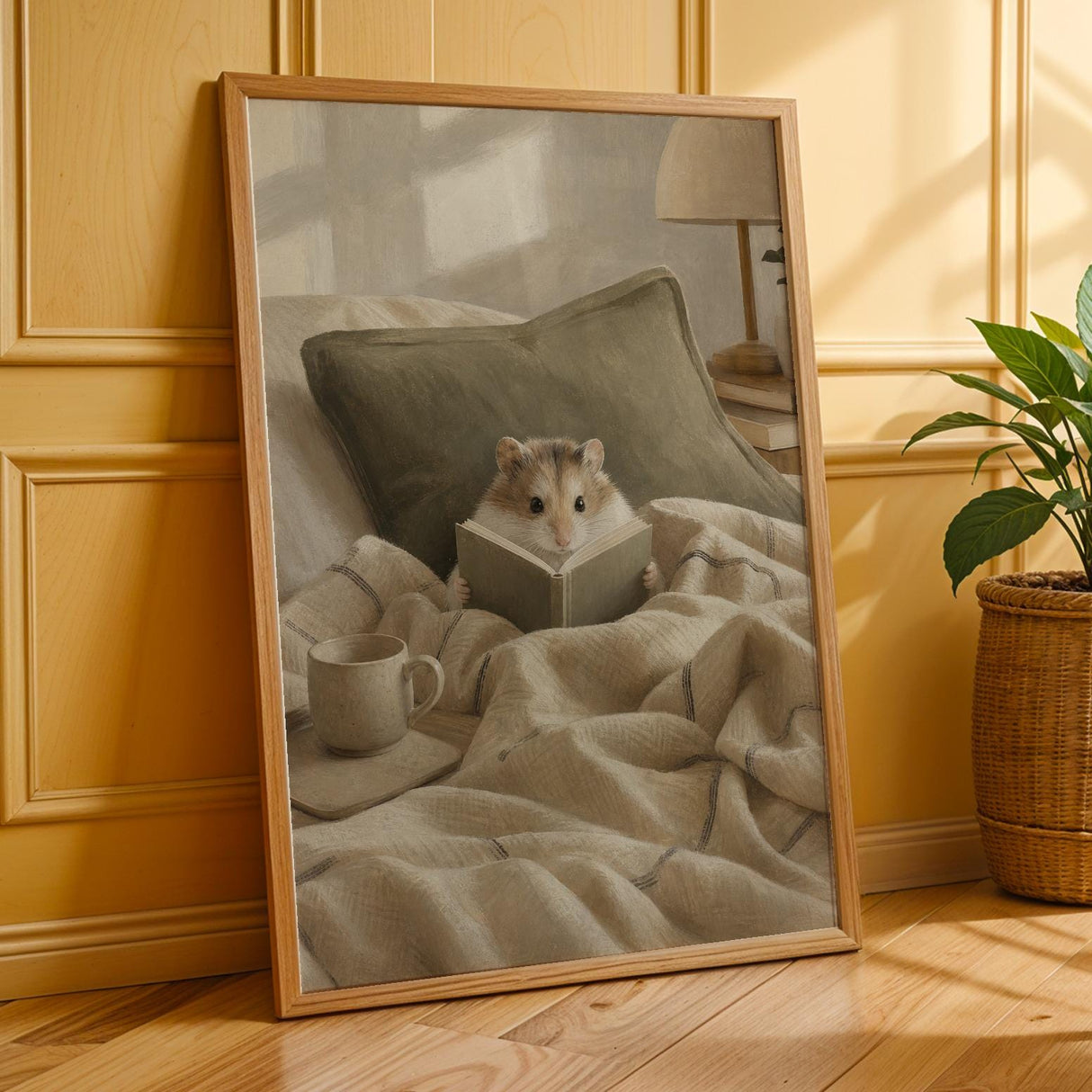 Roborovski Hamster Reading in Bed Poster | Modern Gouache Hamster Wall Art | Warm Beige Oat Milk Decor | Cozy Minimalist Bedroom Print