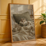 Roborovski Hamster Reading in Bed Poster | Modern Gouache Hamster Wall Art | Warm Beige Oat Milk Decor | Cozy Minimalist Bedroom Print