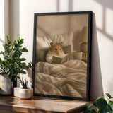 Syrian Hamster Reading in Bed Poster | Nordic Gouache Hamster Wall Art | Warm Beige Neutral Decor | Cozy Minimalist Nook Print