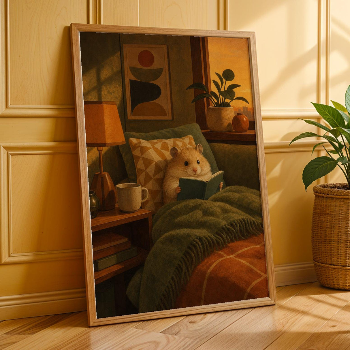 Teddy Bear Hamster Reading in Armchair Poster | Mid Century Modern Editorial Wall Art | Orange Yellow Decor | Cozy Retro Living Room Print
