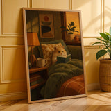 Teddy Bear Hamster Reading in Armchair Poster | Mid Century Modern Editorial Wall Art | Orange Yellow Decor | Cozy Retro Living Room Print
