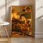 Golden Syrian Hamster Reading in Armchair Poster | Retro Modern Hamster Wall Art | Yellow Orange Decor | Cozy Mid Century Living Room Print
