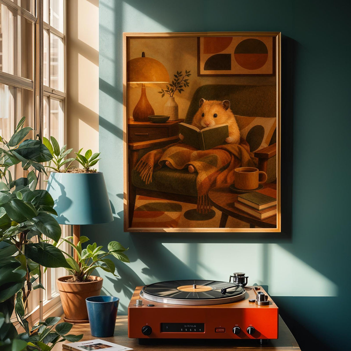 Golden Syrian Hamster Reading in Armchair Poster | Retro Modern Hamster Wall Art | Yellow Orange Decor | Cozy Mid Century Living Room Print