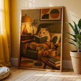 Golden Syrian Hamster Reading in Armchair Poster | Retro Modern Hamster Wall Art | Yellow Orange Decor | Cozy Mid Century Living Room Print