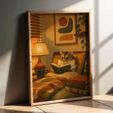 Campbell’s Dwarf Hamster Reading in Armchair Poster | Modern Hamster Wall Art | Yellow Orange Decor | Cozy Mid Century Living Room Print