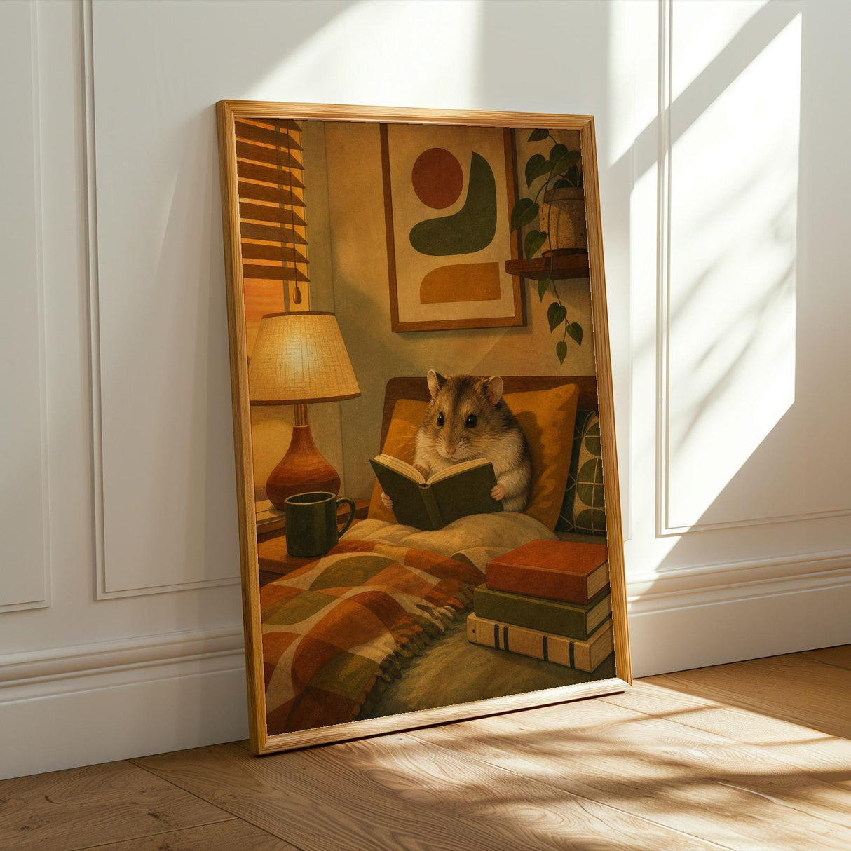 Campbell’s Dwarf Hamster Reading in Armchair Poster | Modern Hamster Wall Art | Yellow Orange Decor | Cozy Mid Century Living Room Print