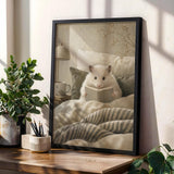Winter White Hamster Reading in Bed Poster | Modern Gouache Hamster Wall Art | Warm Beige Soft Ivory Decor | Cozy Minimalist Bedroom Print