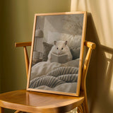Winter White Hamster Reading in Bed Poster | Modern Gouache Hamster Wall Art | Warm Beige Soft Ivory Decor | Cozy Minimalist Bedroom Print