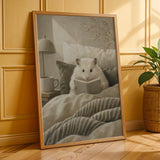 Winter White Hamster Reading in Bed Poster | Modern Gouache Hamster Wall Art | Warm Beige Soft Ivory Decor | Cozy Minimalist Bedroom Print