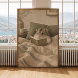 Campbell’s Dwarf Hamster Reading in Bed Poster | Nordic Gouache Hamster Wall Art | Warm Beige Oat Milk Decor | Cozy Minimalist Bedroom Print
