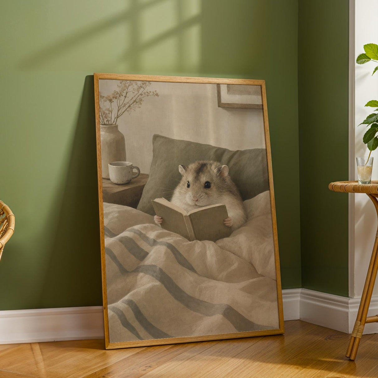 Campbell’s Dwarf Hamster Reading in Bed Poster | Nordic Gouache Hamster Wall Art | Warm Beige Oat Milk Decor | Cozy Minimalist Bedroom Print