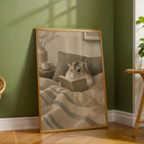 Campbell’s Dwarf Hamster Reading in Bed Poster | Nordic Gouache Hamster Wall Art | Warm Beige Oat Milk Decor | Cozy Minimalist Bedroom Print