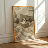 Campbell’s Dwarf Hamster Reading in Bed Poster | Nordic Gouache Hamster Wall Art | Warm Beige Oat Milk Decor | Cozy Minimalist Bedroom Print
