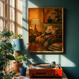Chinese Hamster Reading in Armchair Poster | Retro Modern Hamster Wall Art | Orange Olive Green Decor | Cozy Mid Century Living Room Print