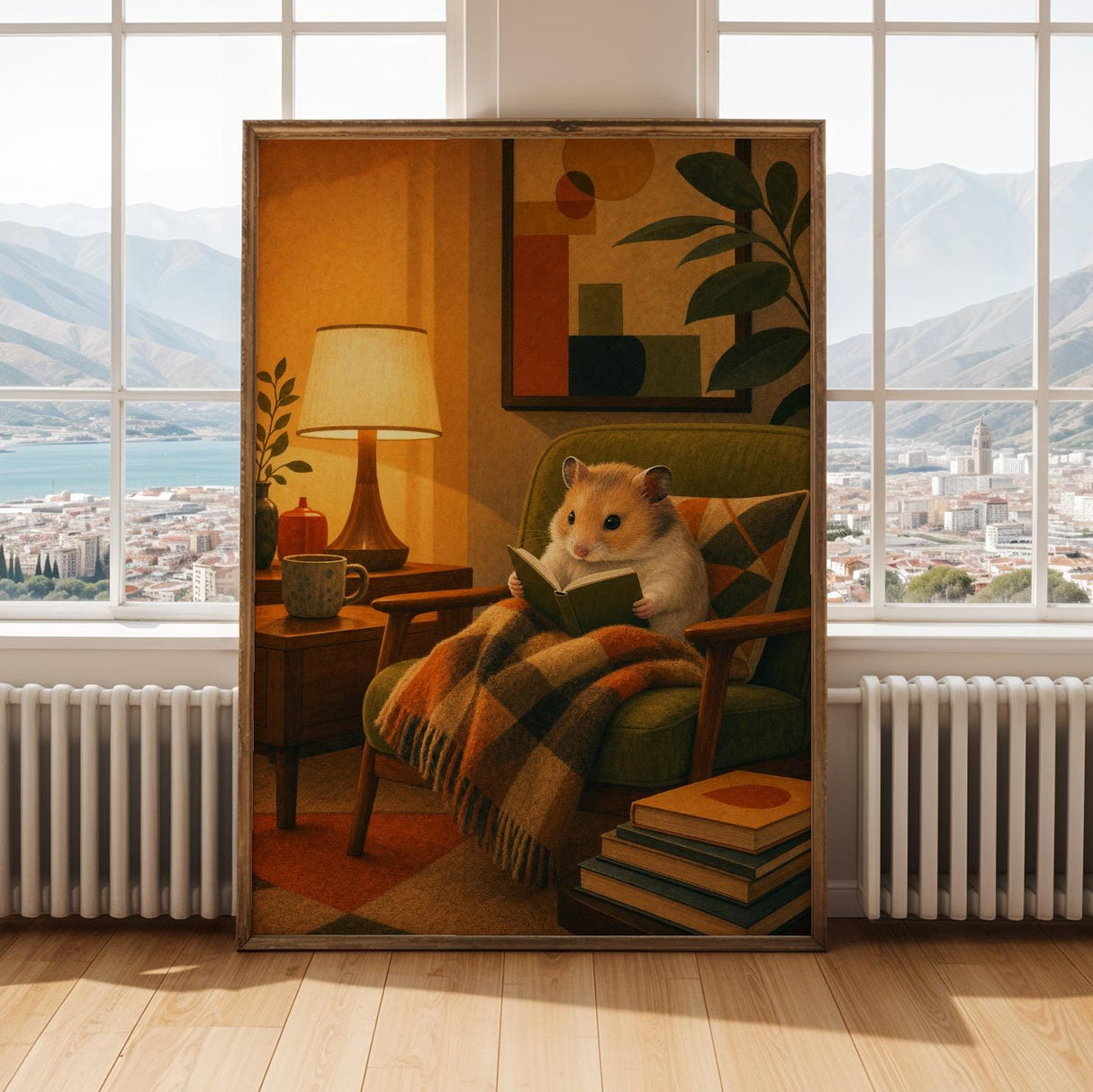 Chinese Hamster Reading in Armchair Poster | Retro Modern Hamster Wall Art | Orange Olive Green Decor | Cozy Mid Century Living Room Print
