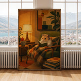 Chinese Hamster Reading in Armchair Poster | Retro Modern Hamster Wall Art | Orange Olive Green Decor | Cozy Mid Century Living Room Print