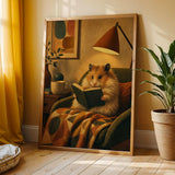 Long Haired Syrian Hamster Reading in Armchair Poster | Retro Painterly Hamster Wall Art | Orange Decor | Cozy Mid Century Bedroom Print
