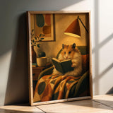 Long Haired Syrian Hamster Reading in Armchair Poster | Retro Painterly Hamster Wall Art | Orange Decor | Cozy Mid Century Bedroom Print