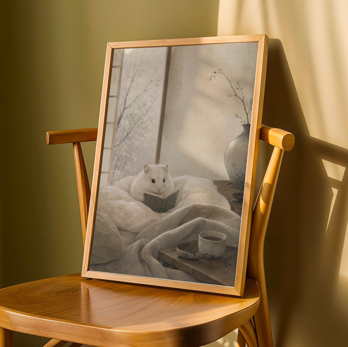 Winter White Hamster Reading in Bed Poster | Japanese Zen Sumi-e Hamster Wall Art | Warm Ivory Gray Decor | Minimalist Kyoto Bedroom Print