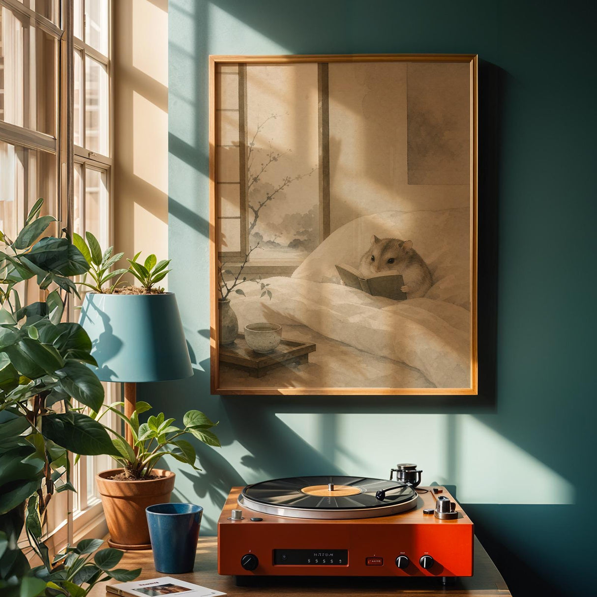 Russian Dwarf Hamster Reading in Bed Poster | Japanese Zen Sumi-e Hamster Wall Art | Warm Ivory Muted Sage Decor | Minimalist Bedroom Print