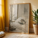 Russian Dwarf Hamster Reading in Bed Poster | Japanese Zen Sumi-e Hamster Wall Art | Warm Ivory Muted Sage Decor | Minimalist Bedroom Print