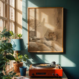 Chinese Hamster Reading in Bed Poster | Japanese Zen Ink Wash Hamster Wall Art | Warm Ivory Fog Gray Decor | Minimalist Bedroom Print