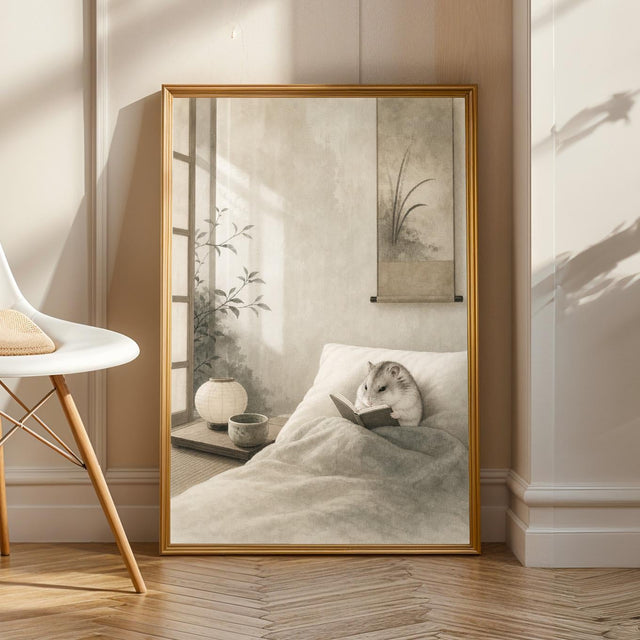 Pearl Dwarf Hamster Reading in Bed Poster | Japanese Zen Sumi-e Hamster Wall Art | Warm Ivory Fog Gray Decor | Minimalist Bedroom Print