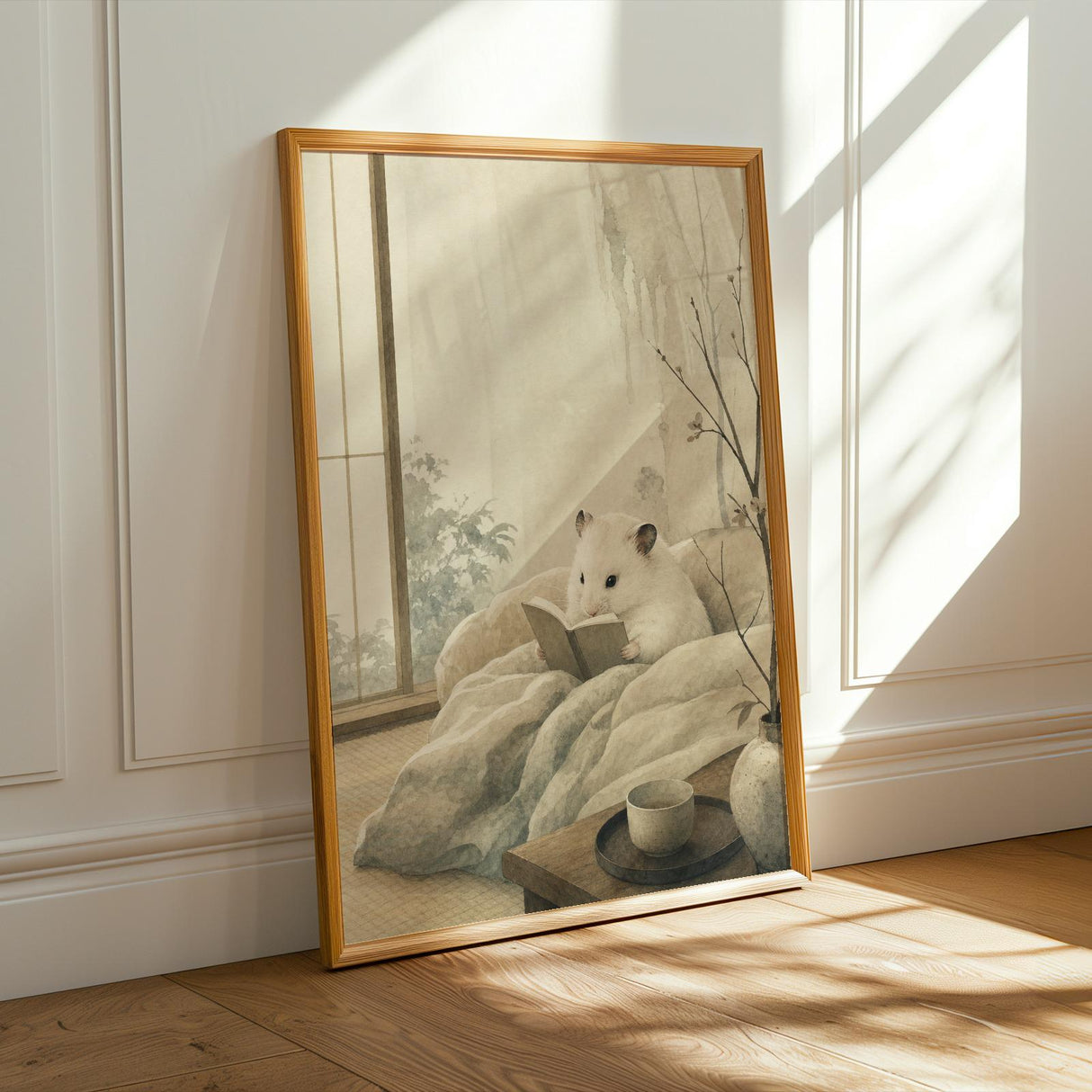 White Syrian Hamster Reading in Bed Poster | Japanese Zen Sumi-e Hamster Wall Art | Warm Ivory Fog Gray Decor | Minimalist Bedroom Print