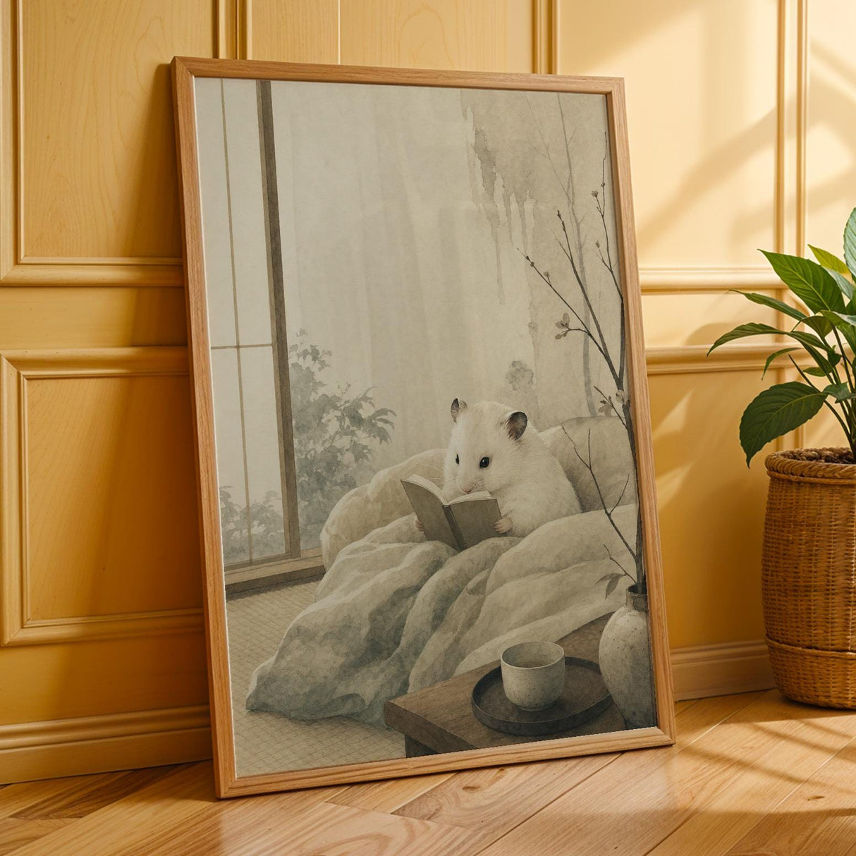 White Syrian Hamster Reading in Bed Poster | Japanese Zen Sumi-e Hamster Wall Art | Warm Ivory Fog Gray Decor | Minimalist Bedroom Print