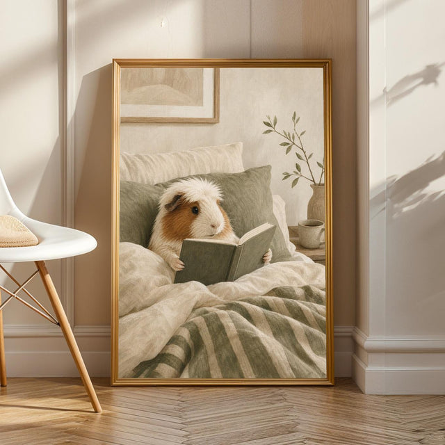 White Crested Guinea Pig Reading in Bed Poster | Nordic Gouache Guinea Pig Wall Art | Warm Neutral Bedroom Decor | Cozy Nook Print