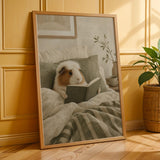 White Crested Guinea Pig Reading in Bed Poster | Nordic Gouache Guinea Pig Wall Art | Warm Neutral Bedroom Decor | Cozy Nook Print