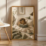 Abyssinian Guinea Pig Reading in Bed Poster | Modern Gouache Guinea Pig Wall Art | Warm Beige Soft Ivory Decor | Cozy Bedroom Print