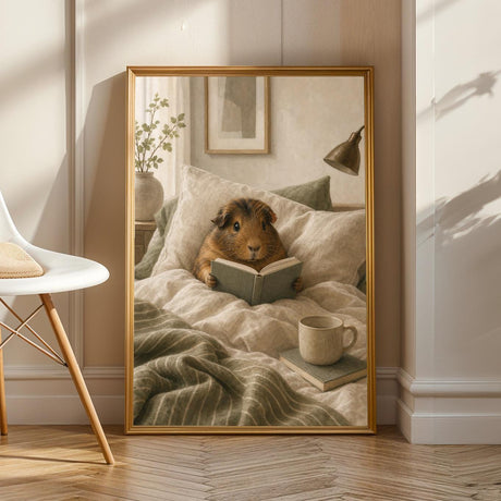 Abyssinian Guinea Pig Reading in Bed Poster | Modern Gouache Guinea Pig Wall Art | Warm Beige Soft Ivory Decor | Cozy Bedroom Print