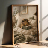 Abyssinian Guinea Pig Reading in Bed Poster | Modern Gouache Guinea Pig Wall Art | Warm Beige Soft Ivory Decor | Cozy Bedroom Print