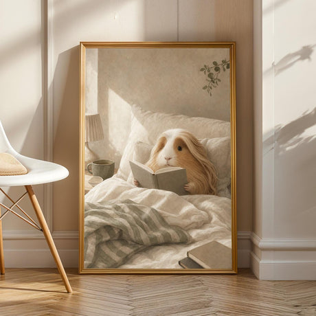 Peruvian Guinea Pig Reading in Bed Poster | Modern Soft Gouache Guinea Pig Wall Art | Warm Beige Oat Milk Decor | Cozy Bedroom Print