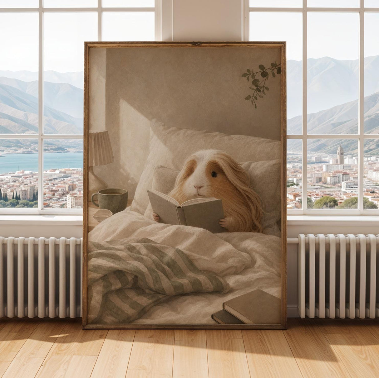 Peruvian Guinea Pig Reading in Bed Poster | Modern Soft Gouache Guinea Pig Wall Art | Warm Beige Oat Milk Decor | Cozy Bedroom Print