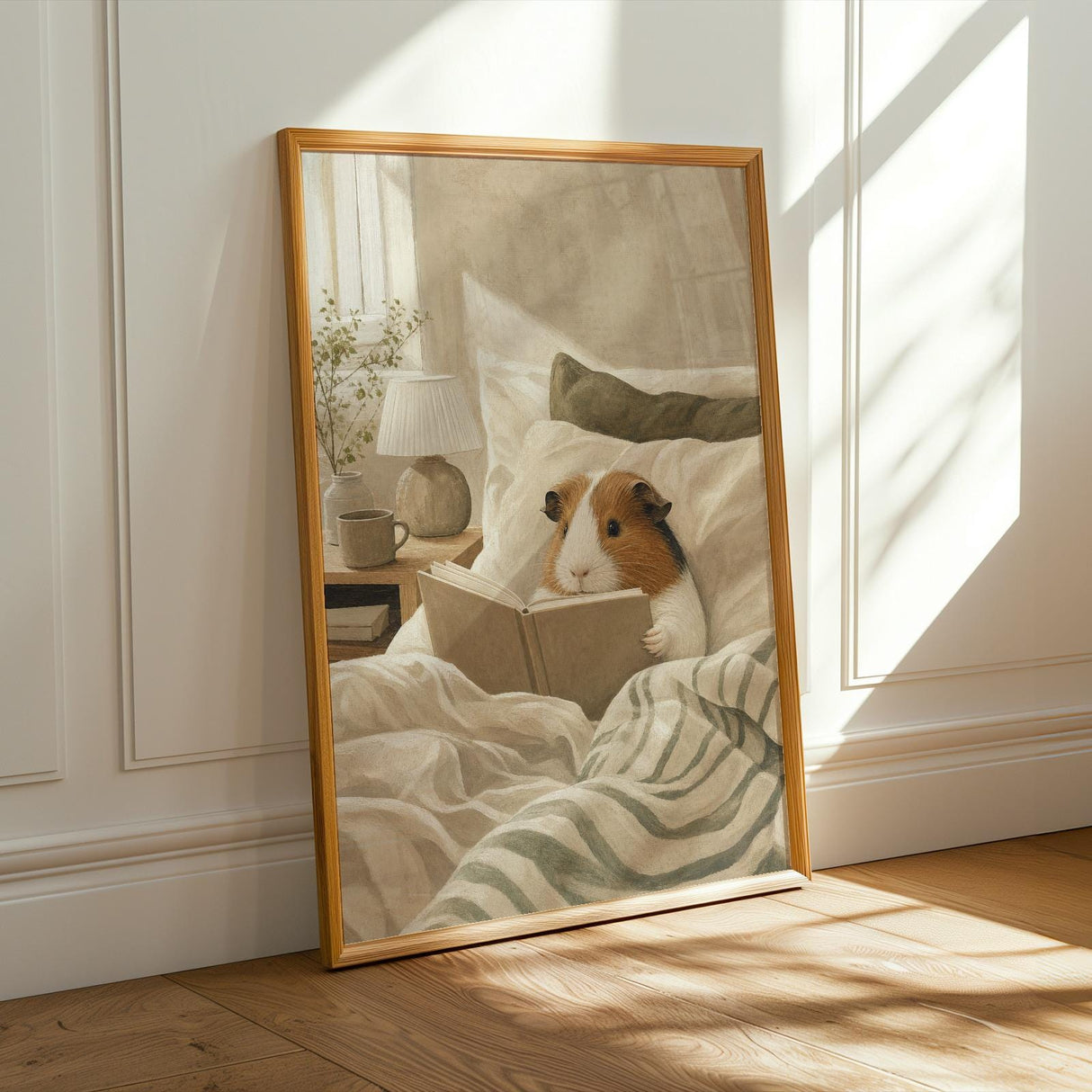 American Guinea Pig Reading in Bed Poster | Nordic Gouache Guinea Pig Wall Art | Warm Beige Oat Milk Decor | Cozy Minimalist Bedroom Print