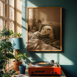 Silkie Guinea Pig Reading in Bed Poster | Modern Gouache Guinea Pig Wall Art | Warm Beige Oat Milk Decor | Cozy Minimalist Bedroom Print