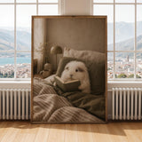 Silkie Guinea Pig Reading in Bed Poster | Modern Gouache Guinea Pig Wall Art | Warm Beige Oat Milk Decor | Cozy Minimalist Bedroom Print